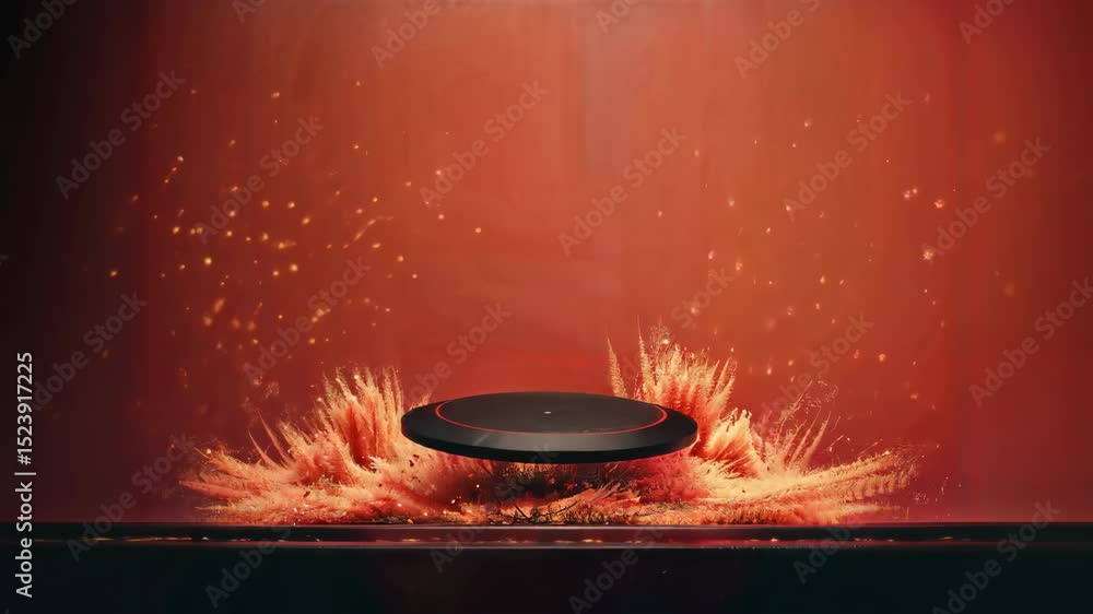 Poster black round podium floating in orange sparks and particles. dynamic advertising display concept with