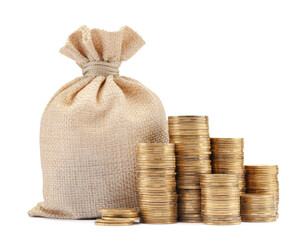 Bag and stacked coins isolated on white