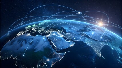 Earth from Space at Night with Global Network Connections and Glowing City Lights