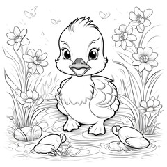 Fototapeta premium A cute baby duckling with flowers.