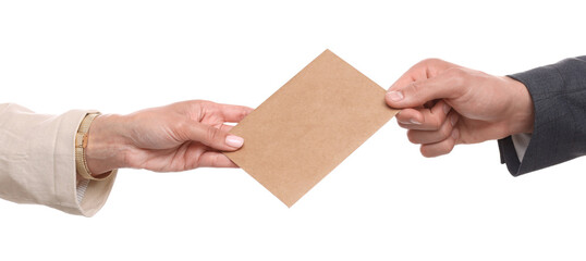 Money bonus. Boss giving envelope to employee on white background, closeup