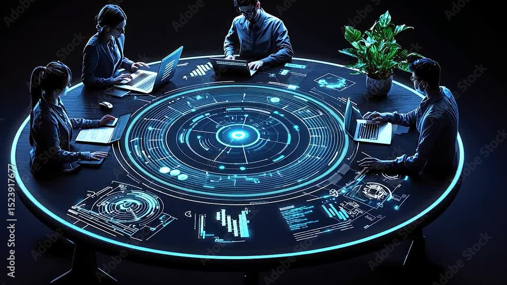Poster futuristic round table meeting with holographic display