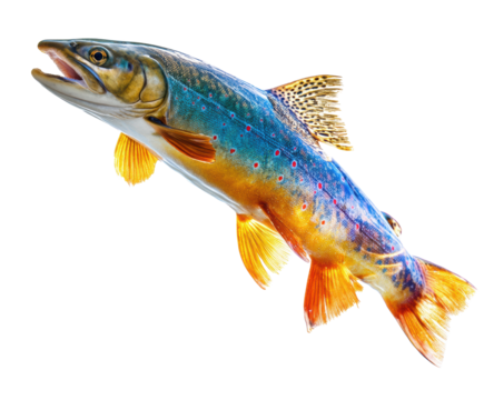 Colorful mountain trout jumping from clear water surface, cut out transparent