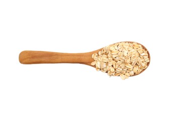wooden spoon with rice, oat on white background, oats flakes, oatmeal food on white background 