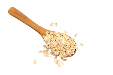 wooden spoon with rice, oat on white background, oats flakes, oatmeal food on white background 