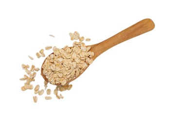wooden spoon with rice, oat on white background, oats flakes, oatmeal food on white background 