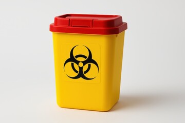 Yellow medical sharps disposal container with biohazard symbol isolated