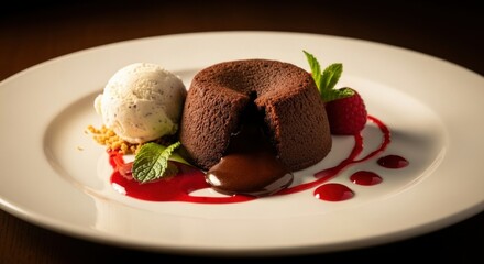 Chocolate lava cake with ice cream and raspberry sauce.
