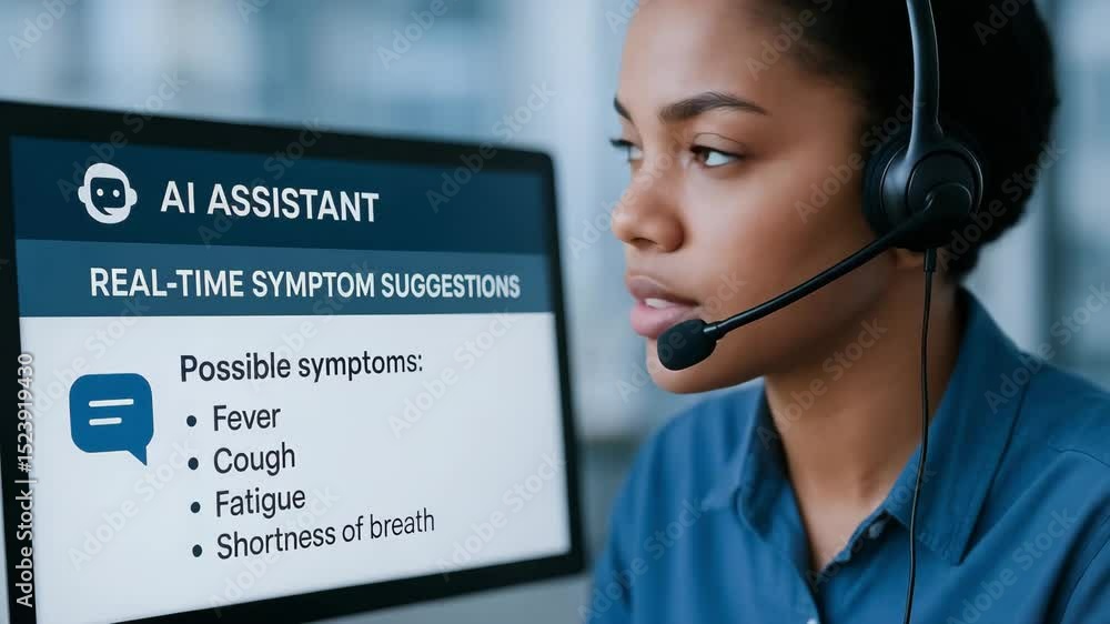 Poster ai assistant healthcare call center tech operator with headset and computer providing real time symp