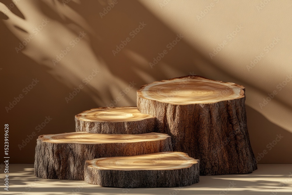 Poster podium crafted from natural tree slices showcasing organic textures in soft light