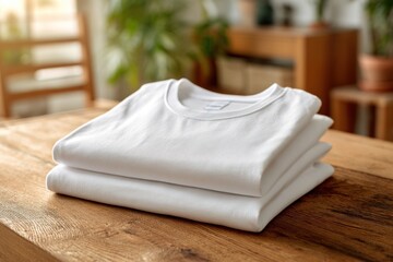 Folded off white t-shirts rest neatly on a wooden table, surrounded by plants in a well-lit, contemporary setting