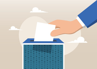 a hand casting a paper ballot into a digital ballot box
