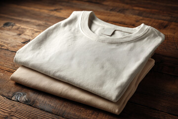 Off white t-shirt mockup folded neatly on a wooden surface, highlighting textile quality and ideal for clothing presentations and designs