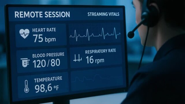 Remote healthcare call center tech monitors vital heart rate blood pressure and respiratory rate during remote session ensuring efficient health management and patient safety