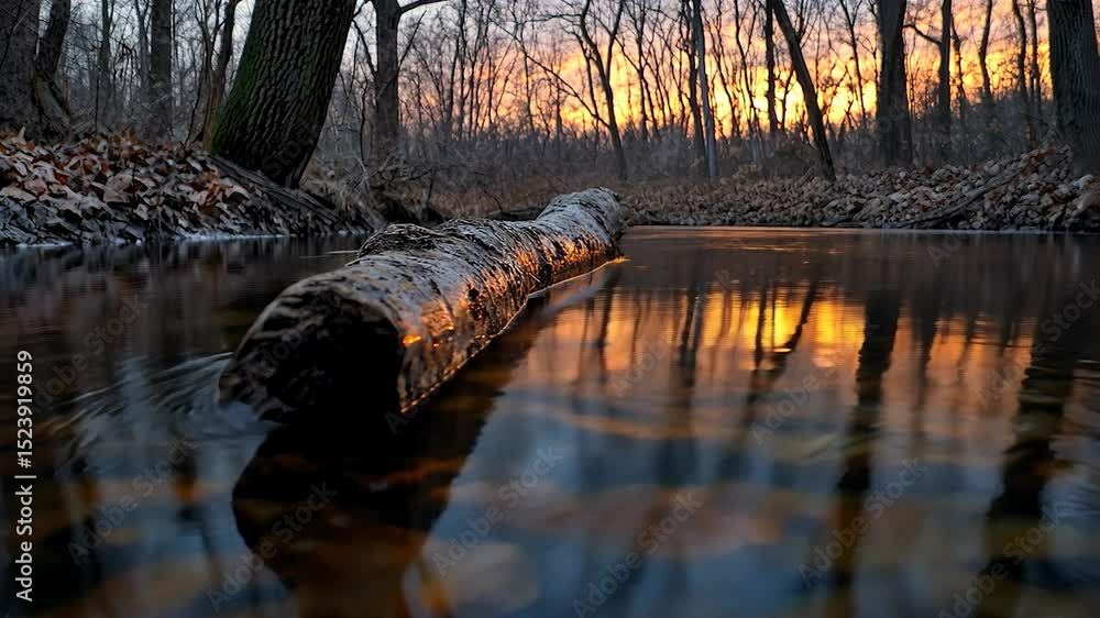 Poster fallen log in a stream at sunset