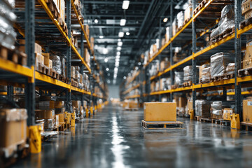 A spacious warehouse shows organized shelves lined with boxes and pallets in a well-lit environment, indicating active inventory management