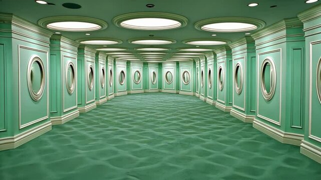 A long, curved hallway with sea-green walls, white trim, circular mirrors, and a rippled, sea-green floor under recessed circular ceiling lights