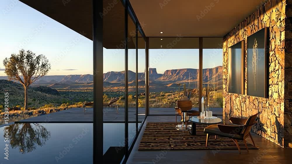 Poster modern home with a pool and mountain views