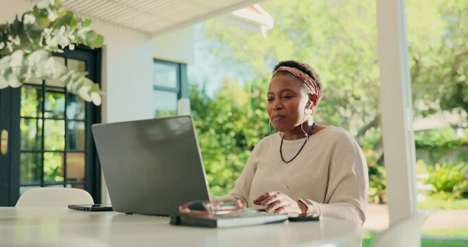 Laptop, teacher and video call with black woman in home for distance school, webinar and meeting. Online class, elearning and quiz guide with person and earphones for virtual lesson, help and chat