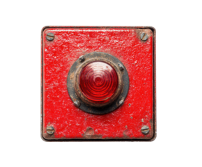 Red vintage emergency button with metallic safety edges, cut out transparent