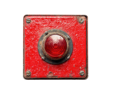 Red vintage emergency button with metallic safety edges, cut out transparent