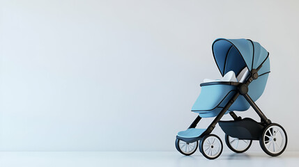 Modern Light Blue Baby Stroller Against White Wall