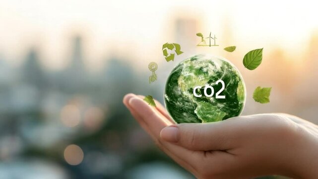 Eco-conscious Globe in Hand: An individual's hand cradles a miniature Earth, adorned with vibrant green foliage and a prominent "CO2" symbol, symbolizing the urgent need for environmental protection.