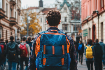 Back view of a student wearing a blue and orange backpack walking in a crowded city street, autumn day