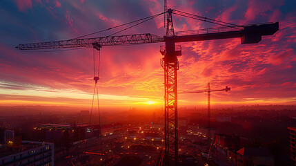 Majestic Crane Silhouette Over Dusk Construction Site