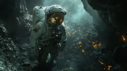 Fototapeta premium Astronaut Exploring Volcanic Terrain with Ethereal Atmosphere