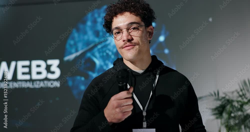 Poster Business man, microphone and keynote speaker at conference for web3, decentralized internet and innovation. Speech, convention and talking at summit for blockchain technology with future presentation