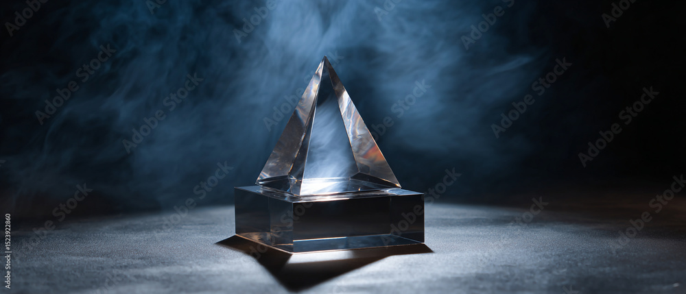 Aufkleber a shiny crystal pyramid on a dark surface with a smoky background creating an atmospheric scene