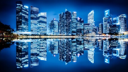 Fototapeta premium Cityscape mirrored in water at nighttime