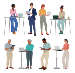 Fototapeta na wymiar Business people working at laptop, digital tablet. Different men and women wearing smart casual office outfits standing with computer. Vector realistic illustration isolated on transparent background