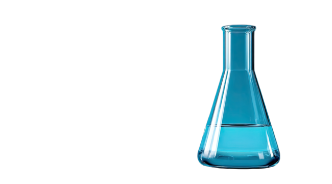 Clear, light teal-blue liquid-filled conical flask