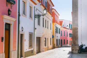 Old colorful architecture on the street in Cascais, Portugal. Beautiful cityscape at sunny day.