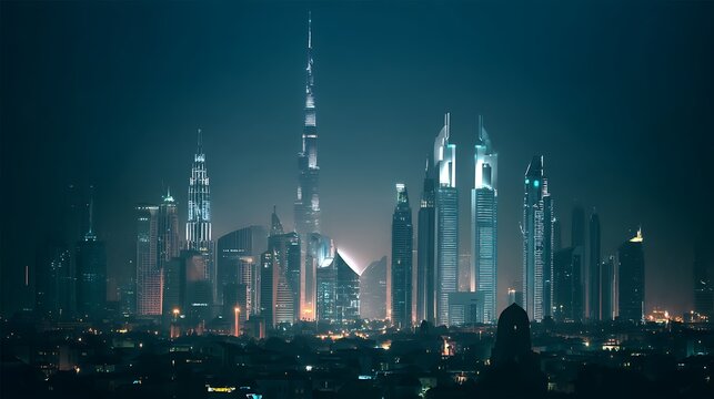 Dubai skyline glows at night futuristic - Powered by Adobe