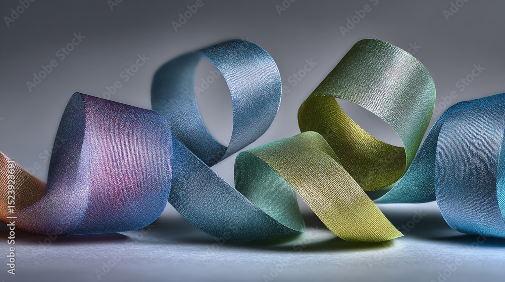 Aufkleber close up of colorful ribbons arranged in a looped pattern on a neutral surface with soft lighting