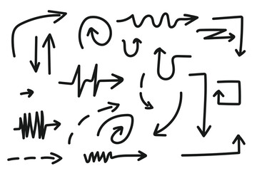 Handdrawn navigation arrow doodle dynamic curves. Doodles zigzag lines and motion paths