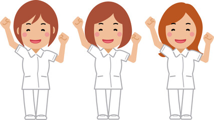 大きな身振りで応援。白制服の女性看護師