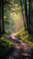 Fototapeta premium The picture focuses on a path winding through the forest