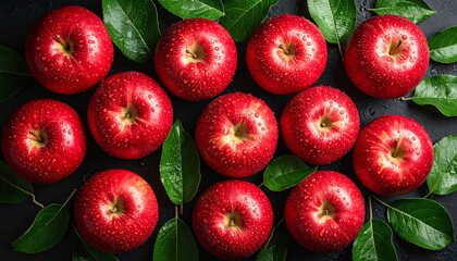 Fresh red apples with water droplets and green leaves arranged on dark surface, showcasing vibrant color and natural freshness in visually appealing composition