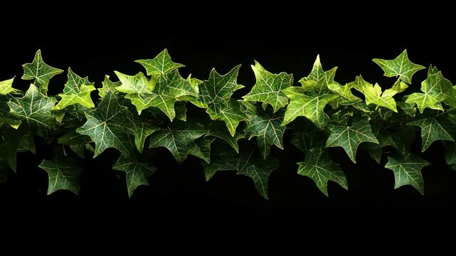 Lush green ivy leaves with prominent veins, arranged in a horizontal row against a stark black background.