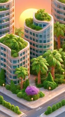 Visual concepts of redesigned equitable neighborhoods, Eco-friendly skyscrapers surrounded by lush greenery at sunset. Reparative urban planning in equitable city development
