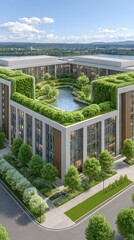 Visual concepts of redesigned equitable neighborhoods, Modern architectural design featuring lush greenery and water. Reparative urban planning in equitable city development