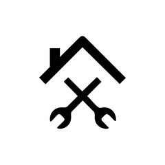 Obraz premium Black house with crossed tools for handyman or construction services. Minimalist home maintenance and repair logo icon.