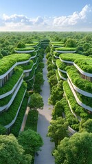 Visual concepts of redesigned equitable neighborhoods, Sustainable architecture blending nature with modern design. Reparative urban planning in equitable city development