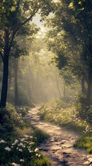 The picture focuses on a path winding through the forest