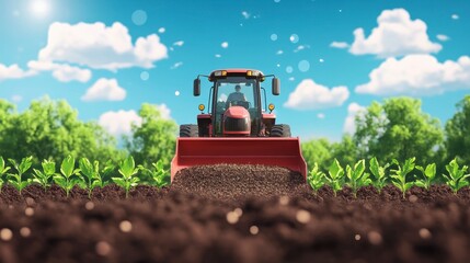 Tractor Working on Farm Field with Young Plants under Blue Sky