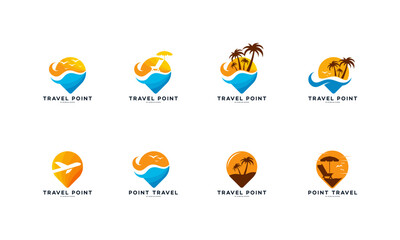 Set of Travel Point Logo with Palm Trees symbol, Beach logo designs concept vector